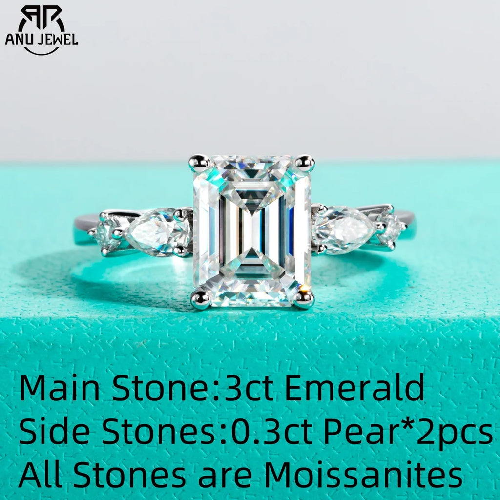 3ct emerald and 0.3ct pear moissanite two-stone ring, 18K gold S925 — Aurora Moissanite