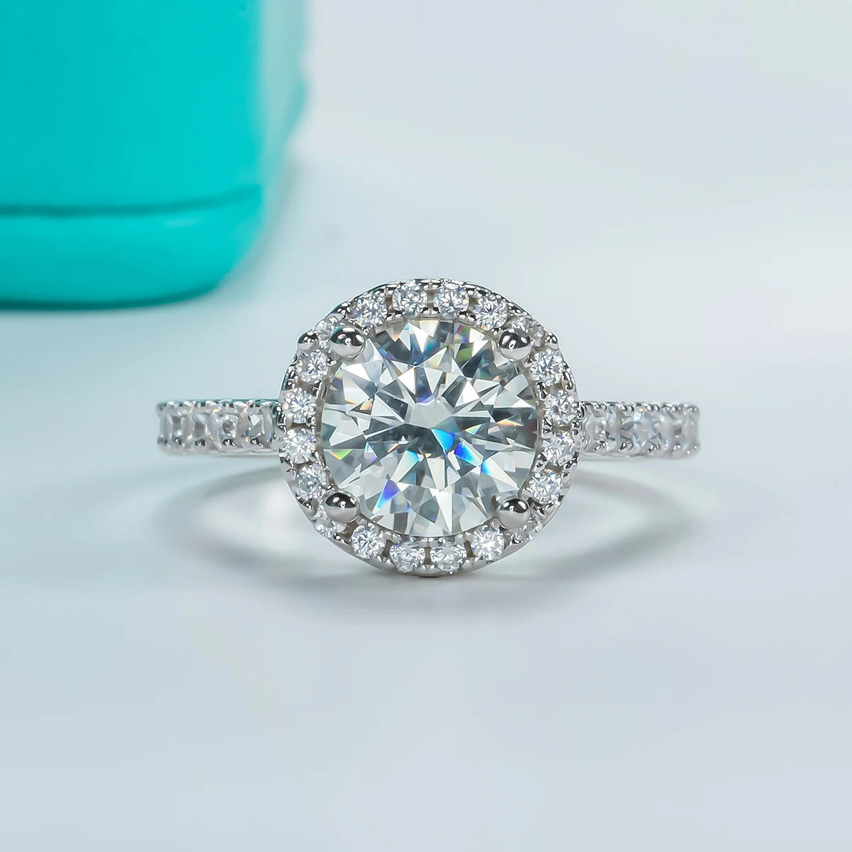 Round moissanite halo 2ct D color VVS1, white gold halo ring detail — Aurora Moissanite