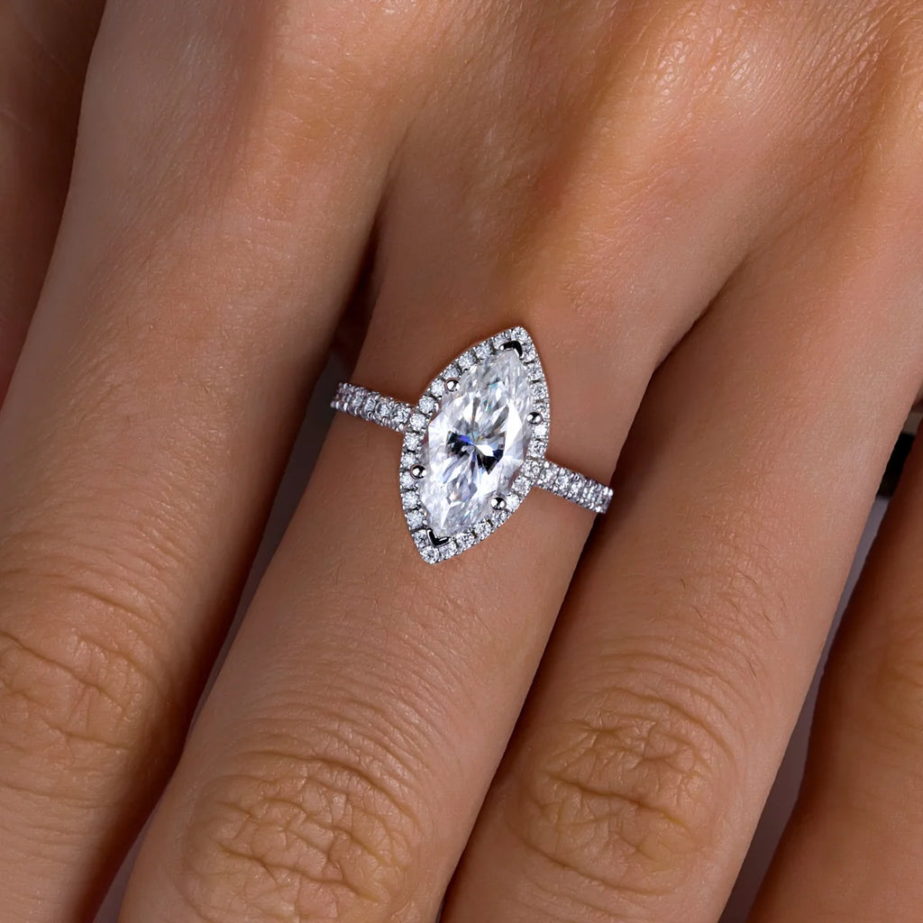 Marquise halo top view, 3ct D color moissanite with accent halo — Aurora Moissanite