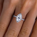 Marquise halo top view, 3ct D color moissanite with accent halo — Aurora Moissanite