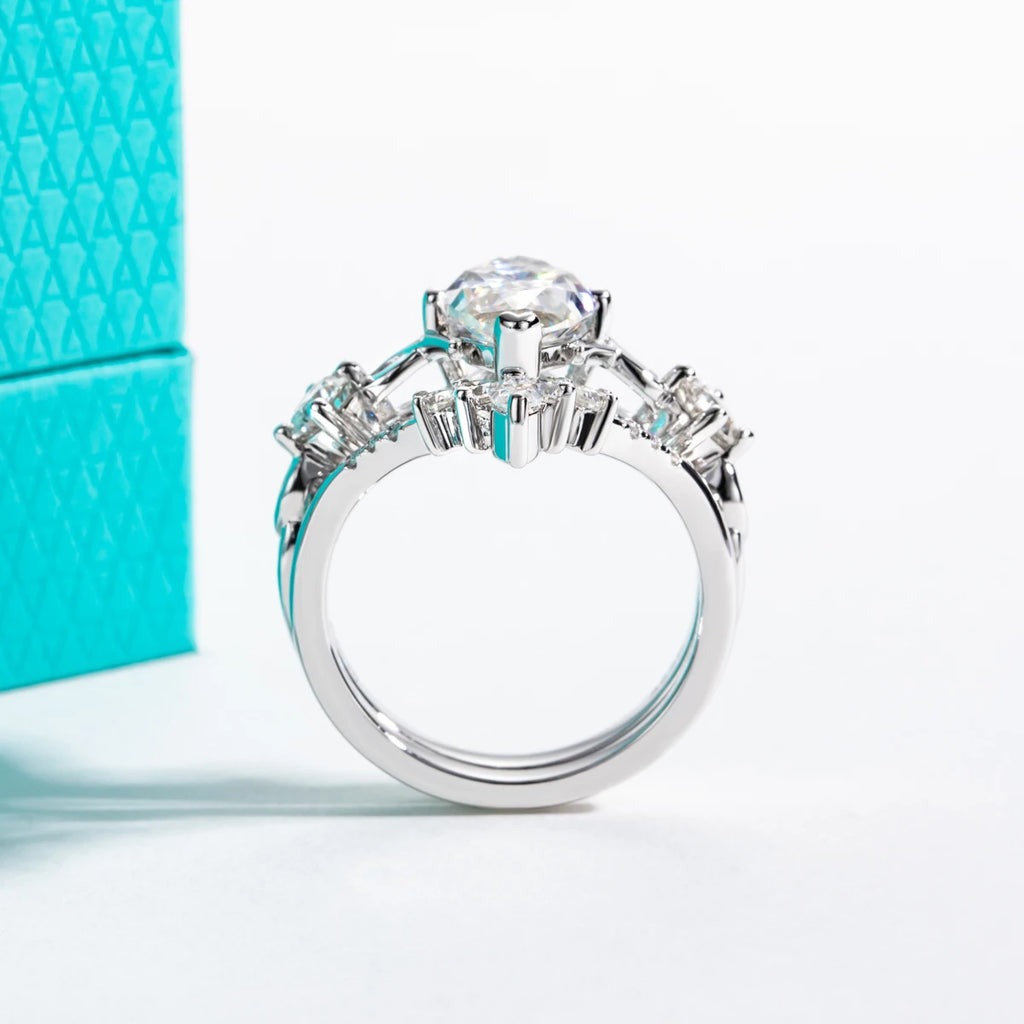 3ct marquise moissanite crown bridal set, side profile, 18K gold — Aurora Moissanite