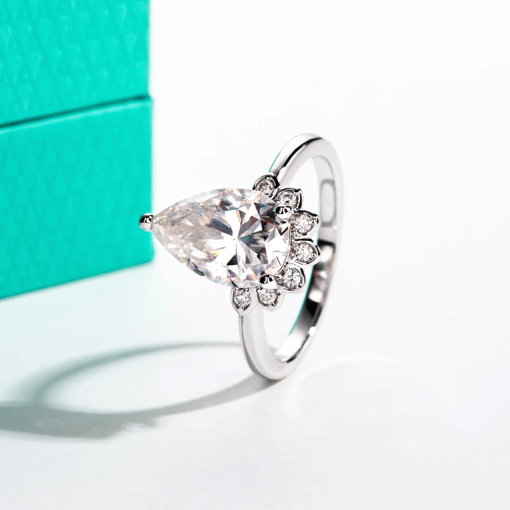 The Wren Ring worn — 4ct pear cut moissanite crown engagement ring — Aurora Moissanite