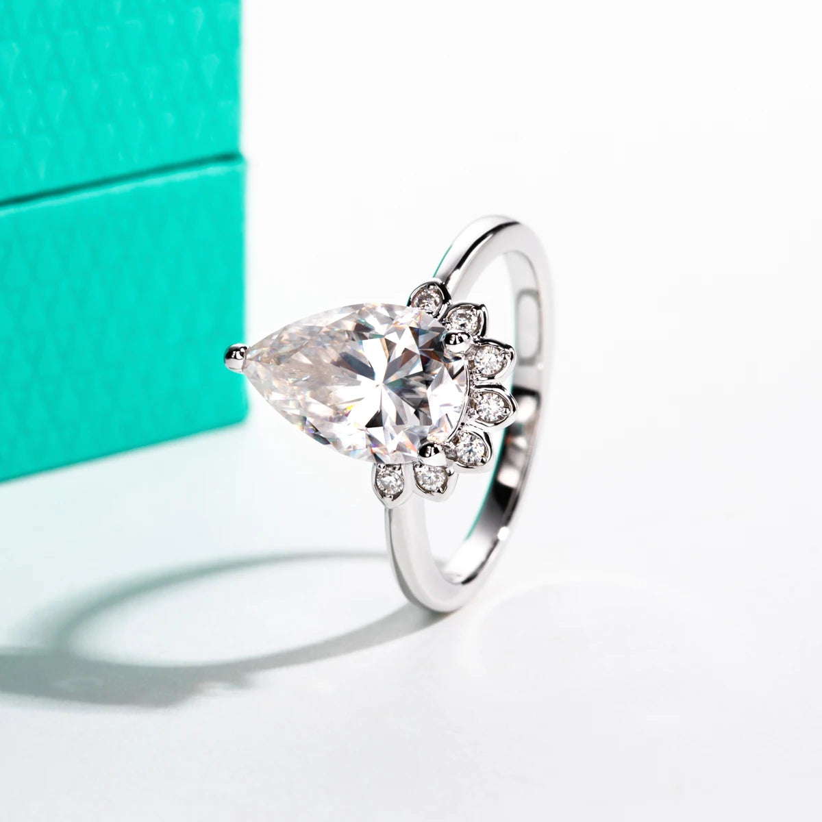 The Wren Ring worn — 4ct pear cut moissanite crown engagement ring — Aurora Moissanite