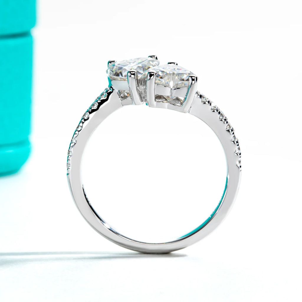 2ct heart twins moissanite ring, side profile, S925 sterling silver — Aurora Moissanite