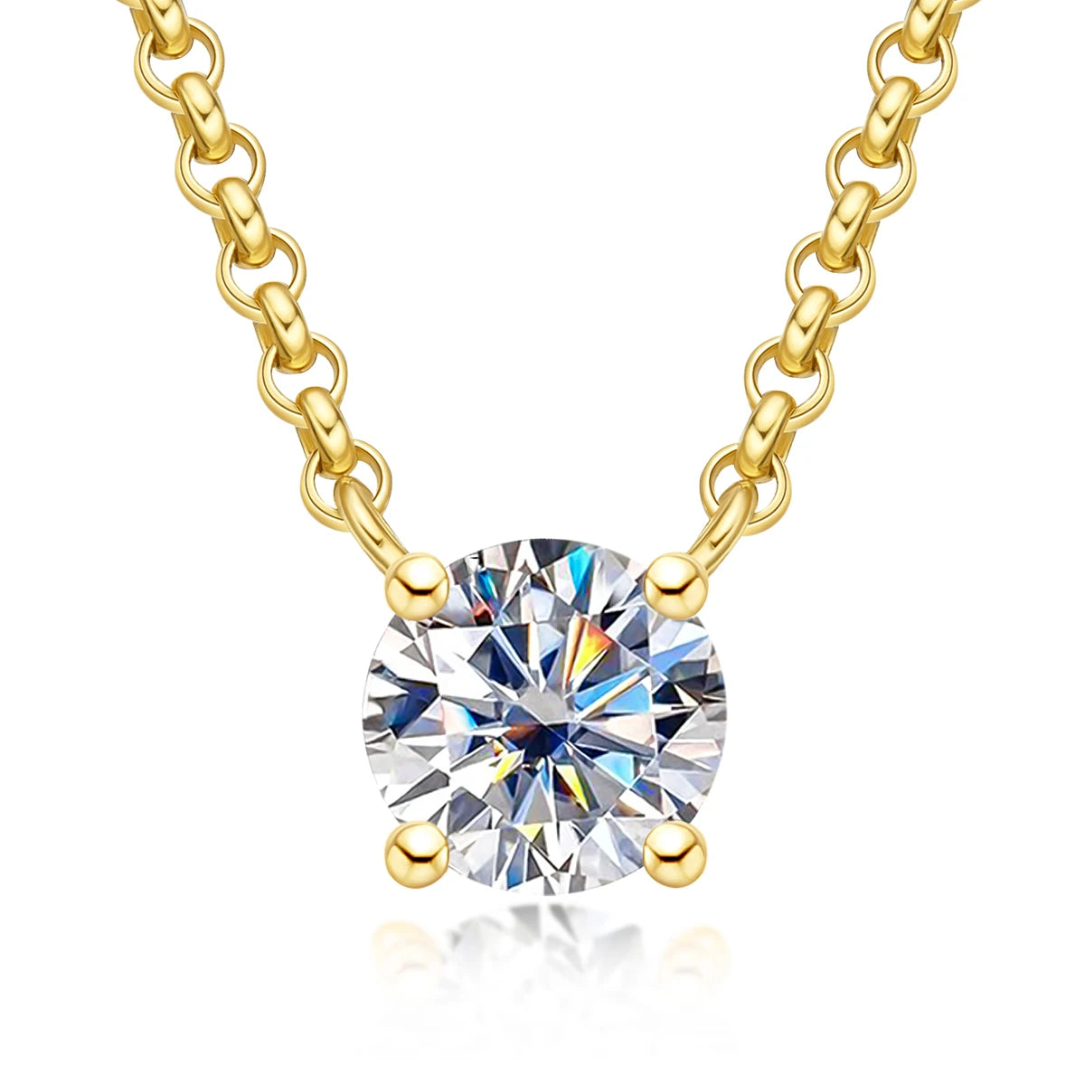 The Sol Pendant worn — round moissanite pendant, 18K white or yellow gold plated — Aurora Moissanite