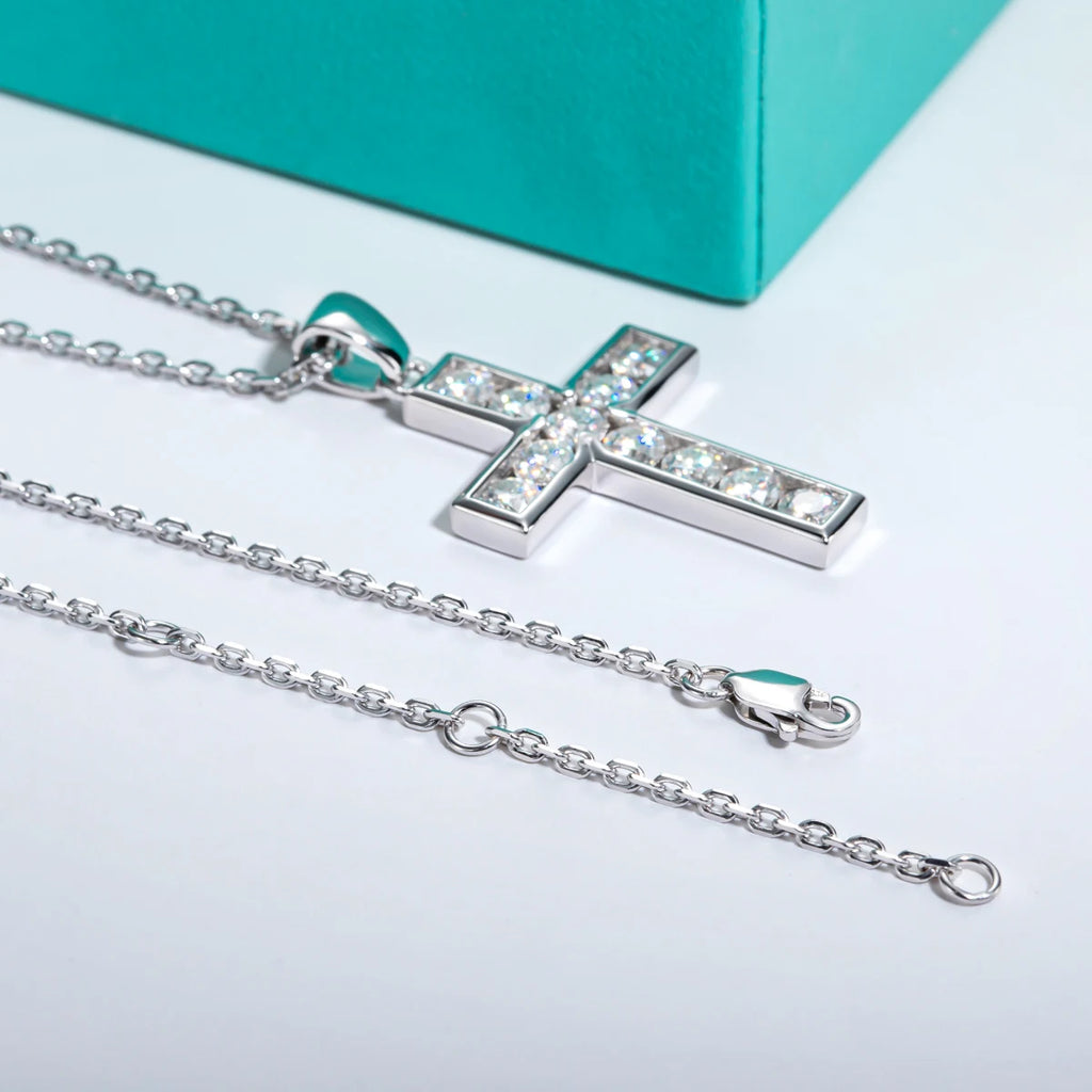 Moissanite cross pendant necklace top view showing D color VVS1 round stones — Aurora Moissanite