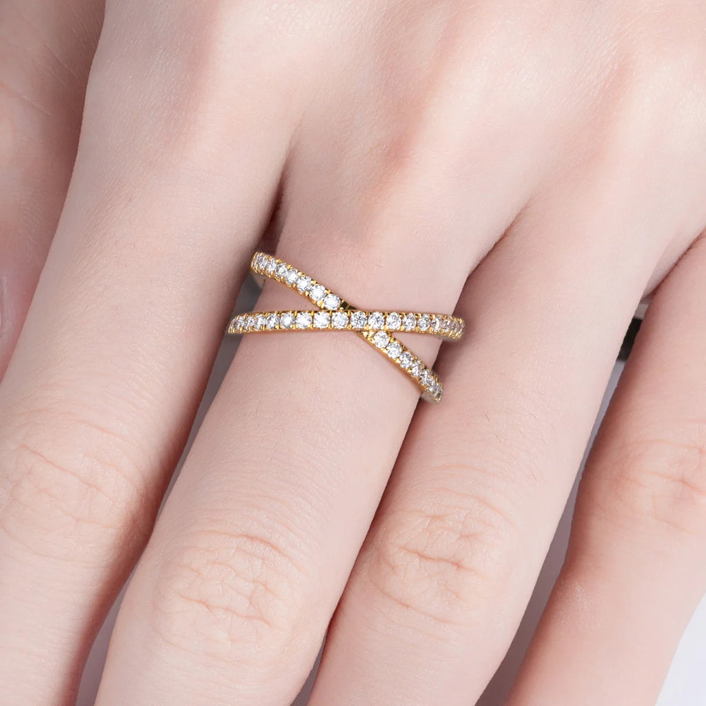 Moissanite criss-cross ring top view showing X pattern, 18K gold plated — Aurora Moissanite
