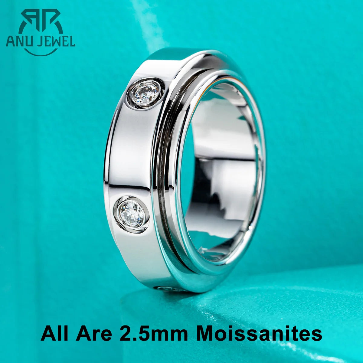 2.5mm moissanite spinner fidget ring, 14K gold plated copper base — Aurora Moissanite