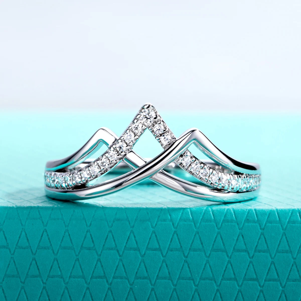 The Eden Band worn — moissanite V-shape wedding band, 18K gold plated — Aurora Moissanite