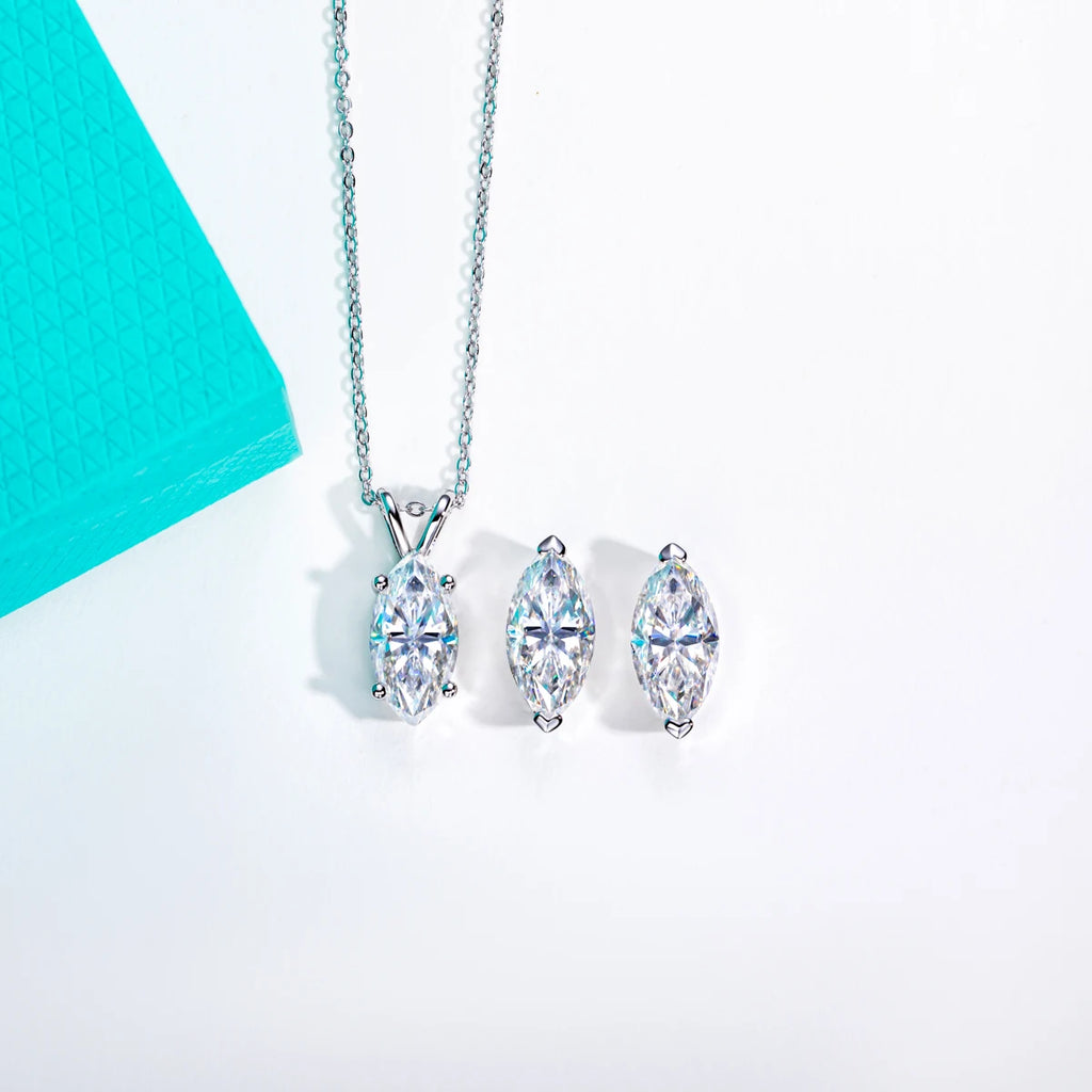 AnuJewel 2-5ct Marquise Moissanite Necklace 0.5-3ct Earrings 925 Sterling Silver 18k Gold Plated Wedding Jewelry Set for Woman