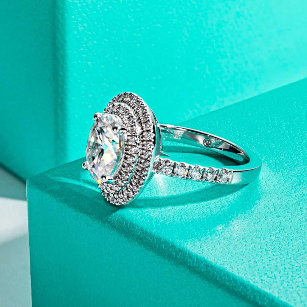 3ct oval moissanite double halo ring, side profile, 18K gold plated — Aurora Moissanite
