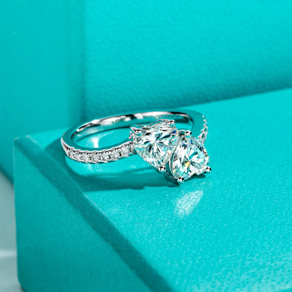 The Arden Ring — 2ct heart moissanite twins ring, front view — Aurora Moissanite