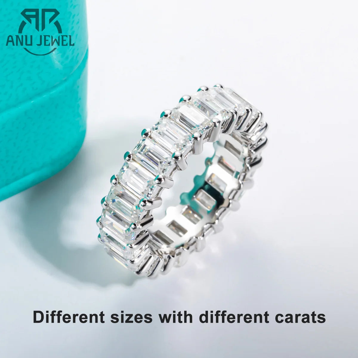 8.1cttw emerald cut moissanite eternity band, S925 sterling silver — Aurora Moissanite