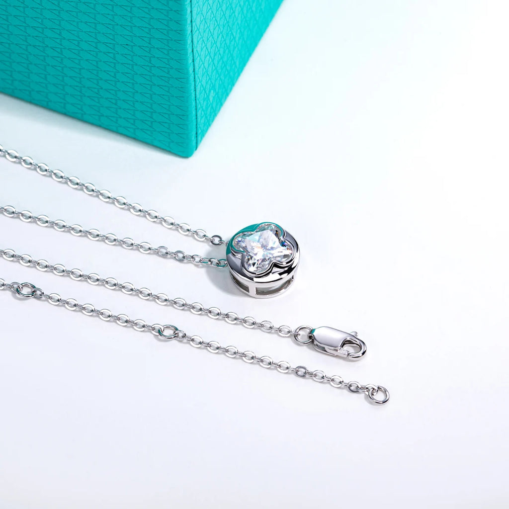 AnuJewel 2ct (7x7mm) Four-Leaf Clover Cut Moissanite Bezel Pendant Necklace 925 Sterling Silver Valentine's Day for Women Gifts