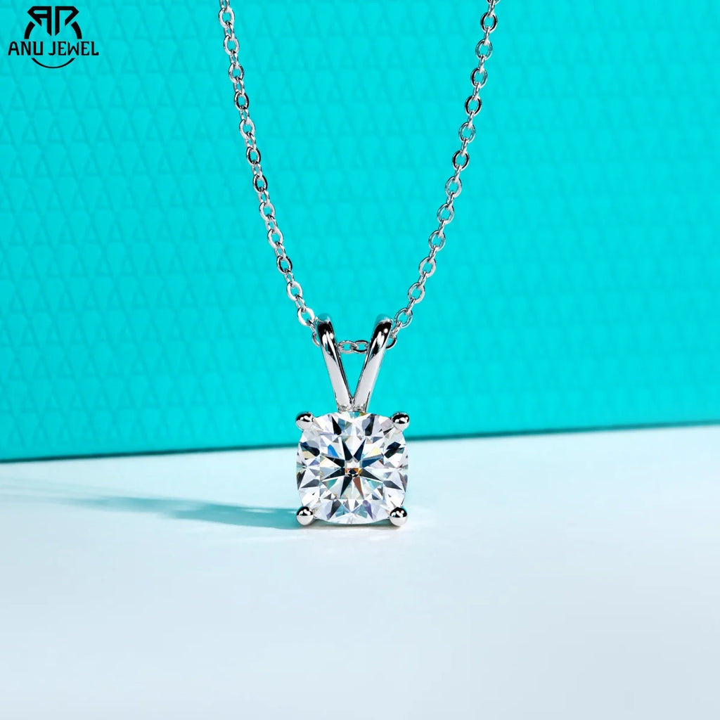 AnuJewel Cushion Cut Moissanite Pendant Necklace 2ct/3ct/4.5ct/5ct D Color 925 Sterling Silver Classic Jewelry Gifts for Women