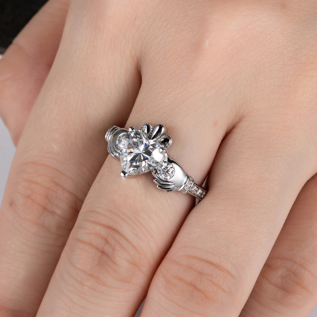 Claddagh Irish ring top view, heart crown hands design with gray moissanite — Aurora Moissanite