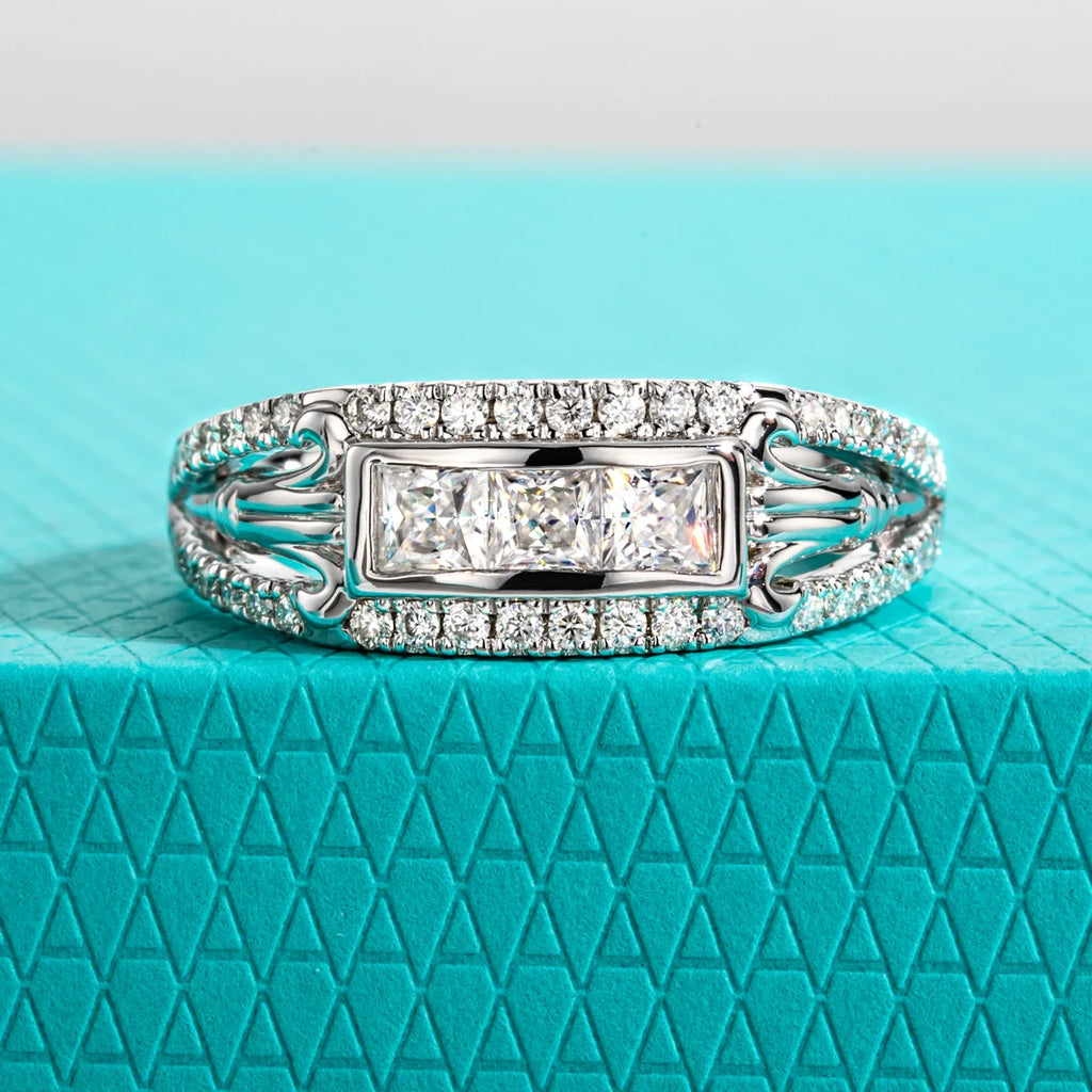The Rune Band — 3mm princess moissanite tension mount ring, front view — Aurora Moissanite