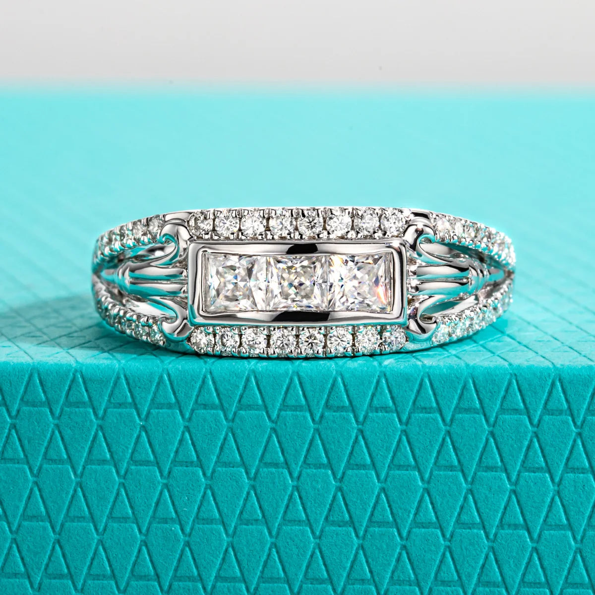 The Rune Band — 3mm princess moissanite tension mount ring, front view — Aurora Moissanite