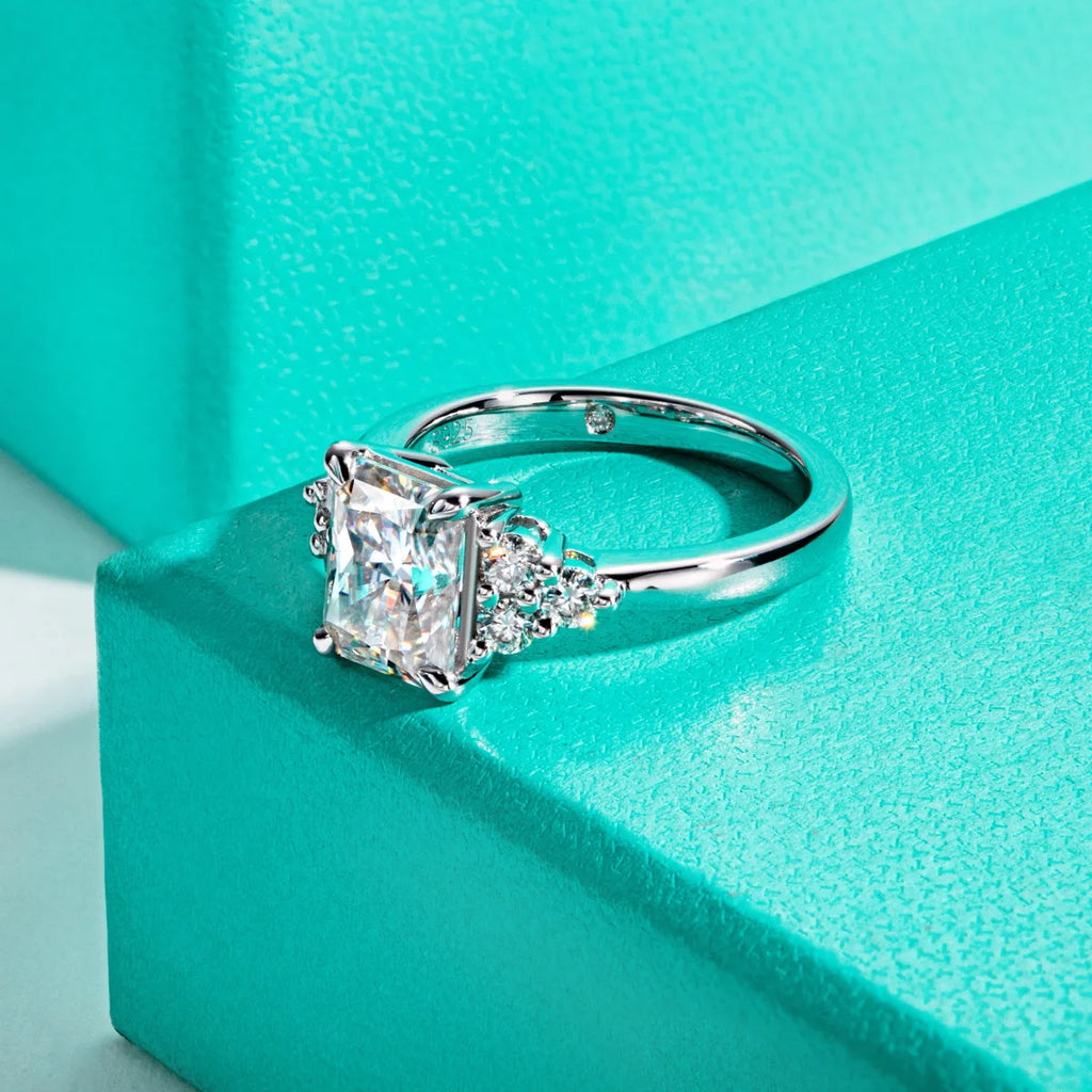 3ct radiant moissanite ring, side profile, 18K gold plated — Aurora Moissanite