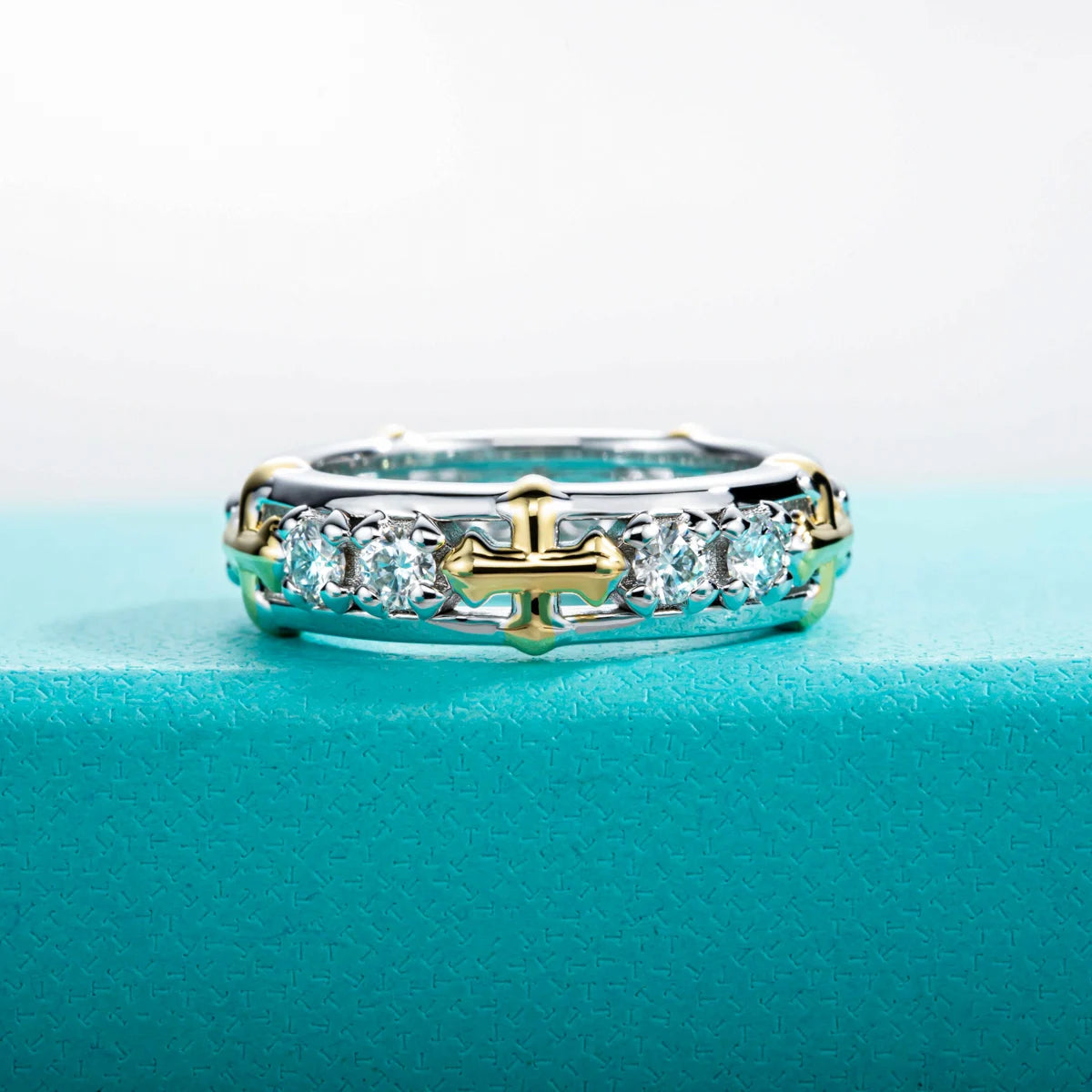 The Lace Band — 3mm moissanite cross eternity ring, front view — Aurora Moissanite