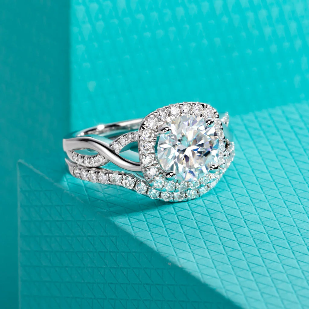 Halo moissanite 2ct D color VVS1 bridal set, engagement ring and infinity band — Aurora Moissanite