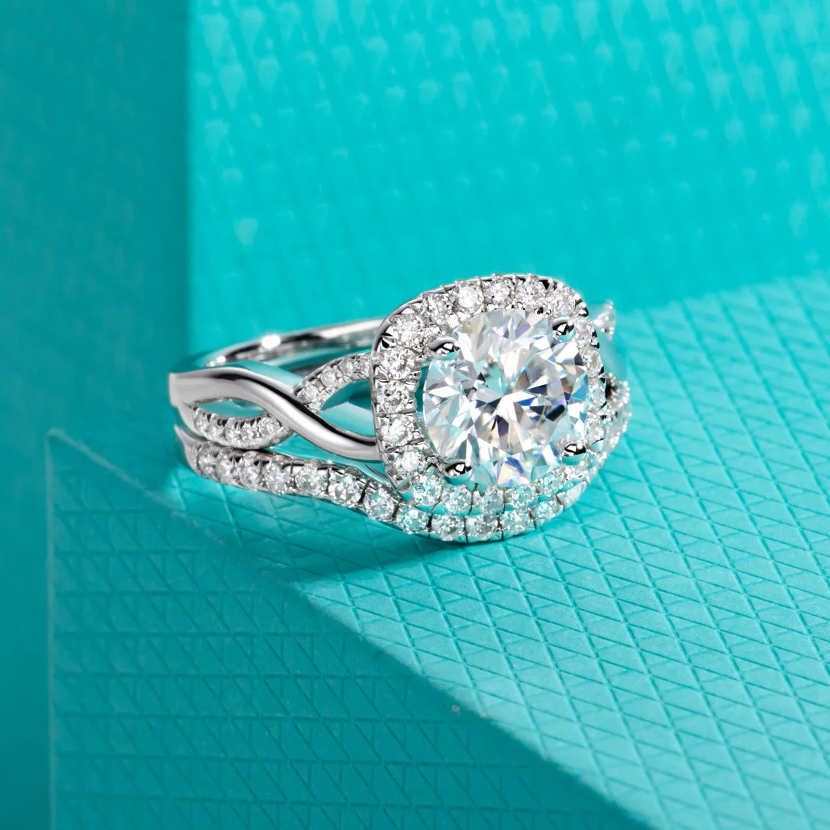 Halo moissanite 2ct D color VVS1 bridal set, engagement ring and infinity band — Aurora Moissanite