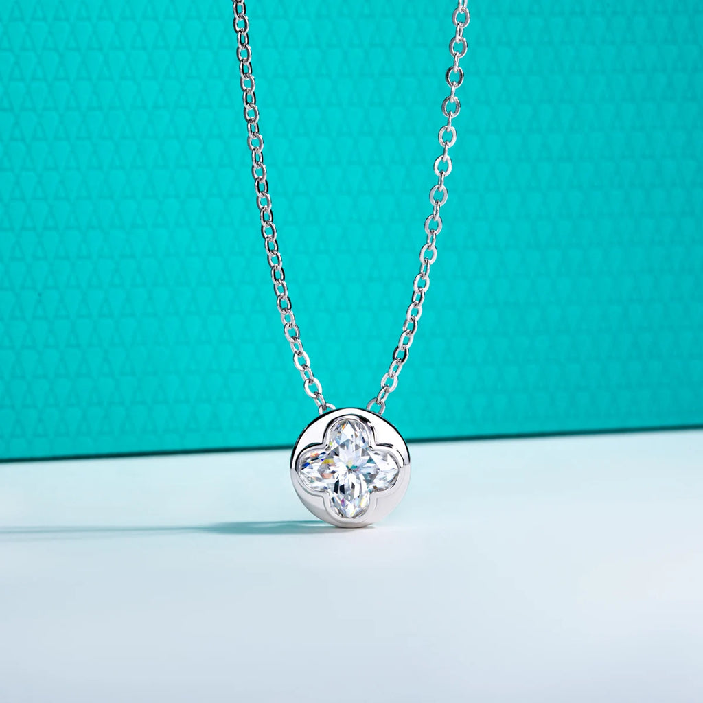 AnuJewel 2ct (7x7mm) Four-Leaf Clover Cut Moissanite Bezel Pendant Necklace 925 Sterling Silver Valentine's Day for Women Gifts
