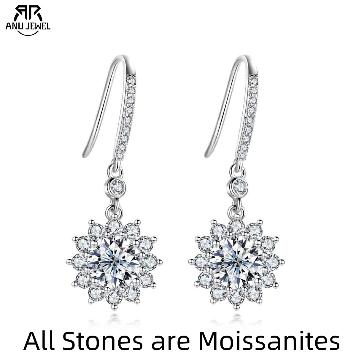 1ct sunflower moissanite hook drop earrings, S925 — Aurora Moissanite