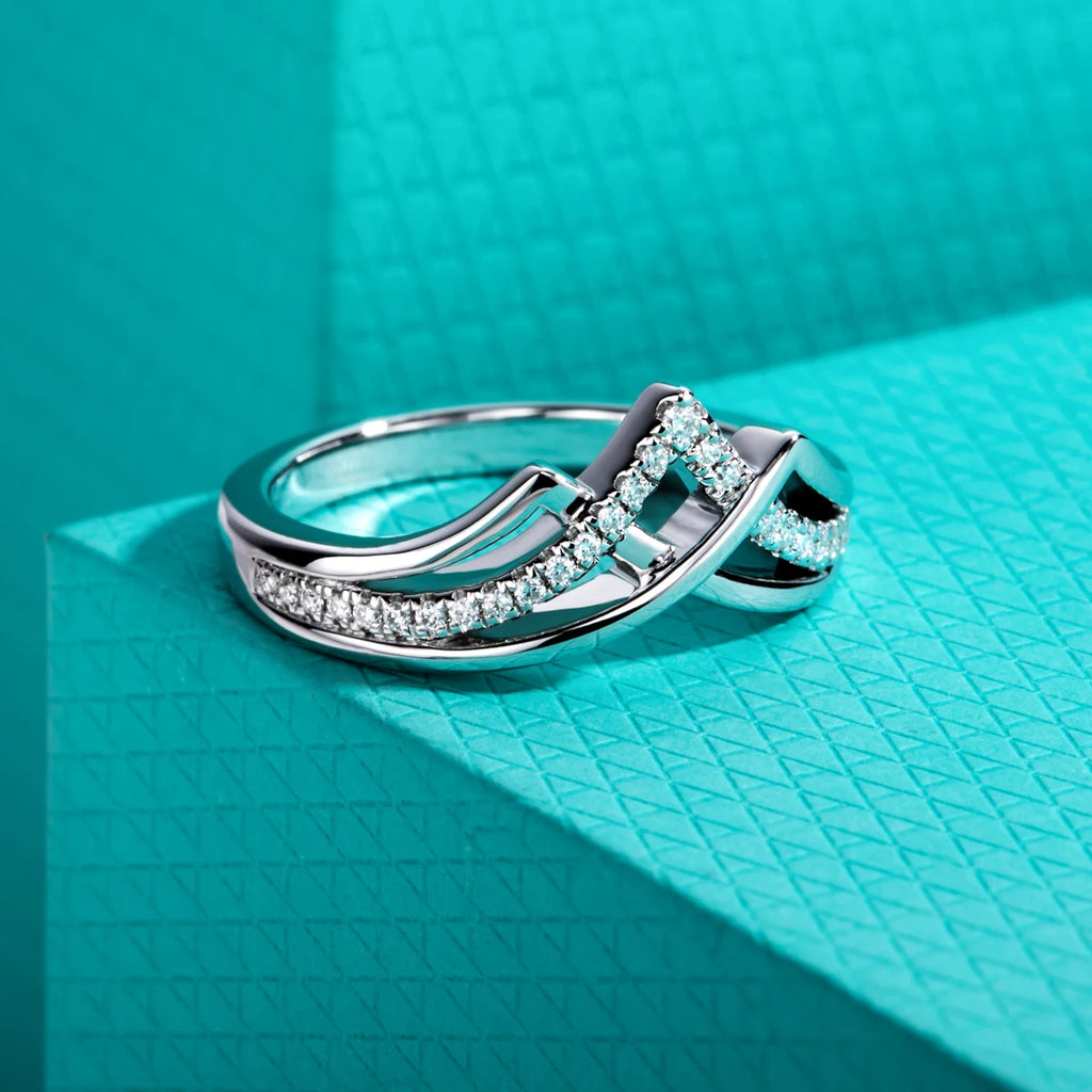 The Eden Band — moissanite chevron wedding ring, front view, 18K gold plated — Aurora Moissanite