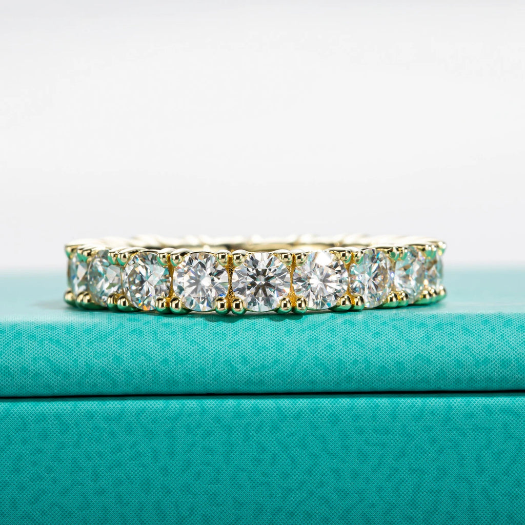 The Ora Band — 3.5mm moissanite eternity ring, 14K yellow gold plated — Aurora Moissanite