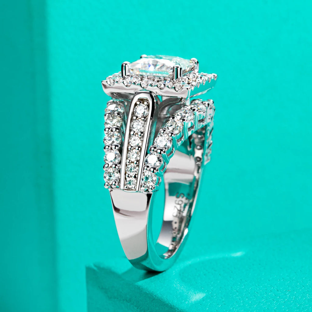 The Solaris Ring — 3.884cttw princess moissanite ring, front view — Aurora Moissanite