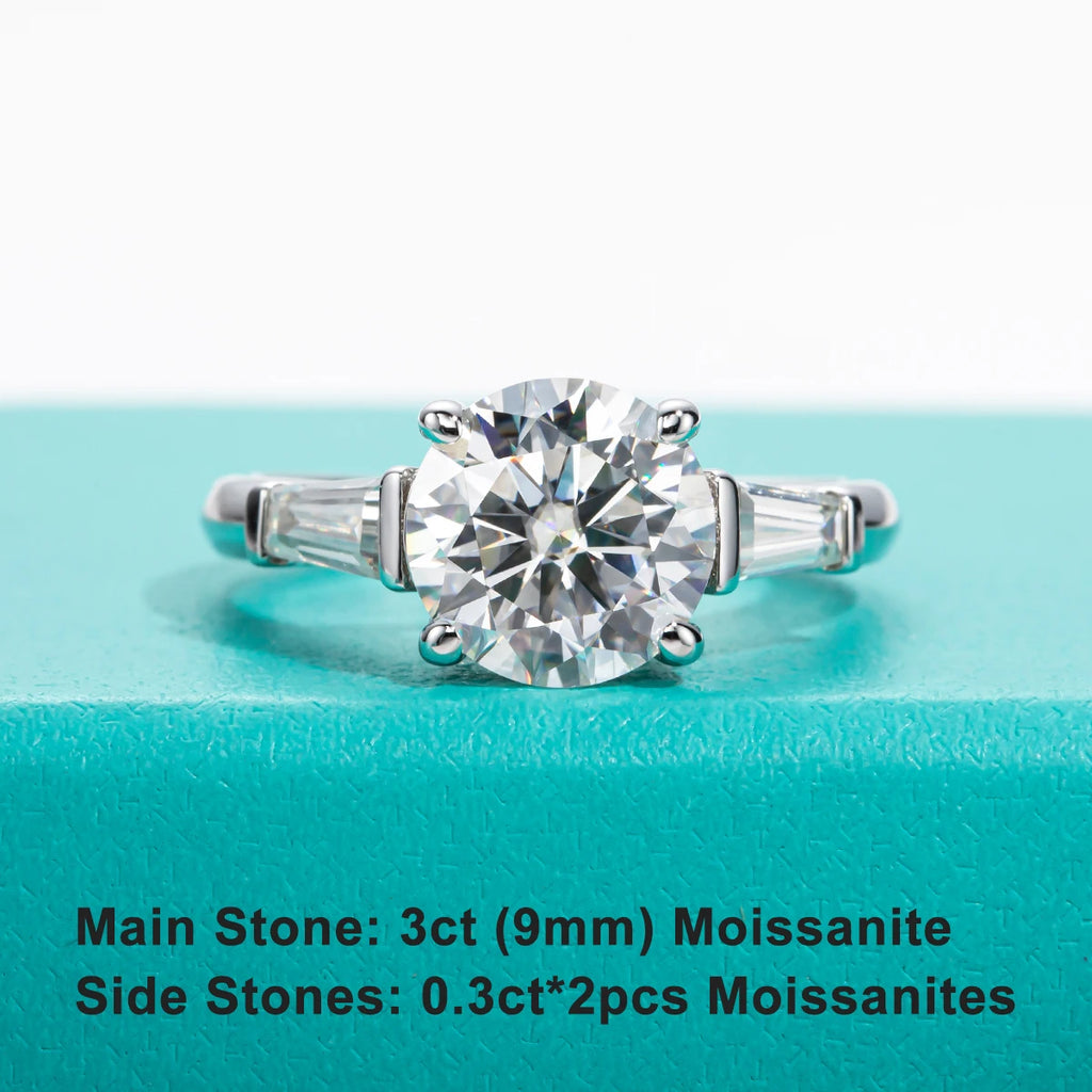 The Aeryn Ring — 3.6cttw three-stone moissanite, front view, S925 — Aurora Moissanite