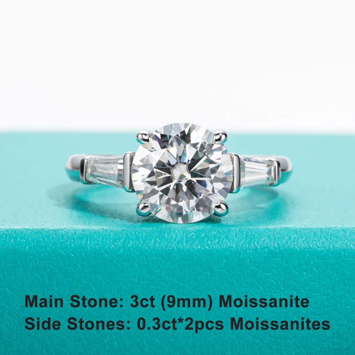 The Aeryn Ring — 3.6cttw three-stone moissanite, front view, S925 — Aurora Moissanite