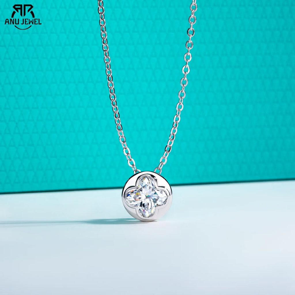 AnuJewel 2ct (7x7mm) Four-Leaf Clover Cut Moissanite Bezel Pendant Necklace 925 Sterling Silver Valentine's Day for Women Gifts