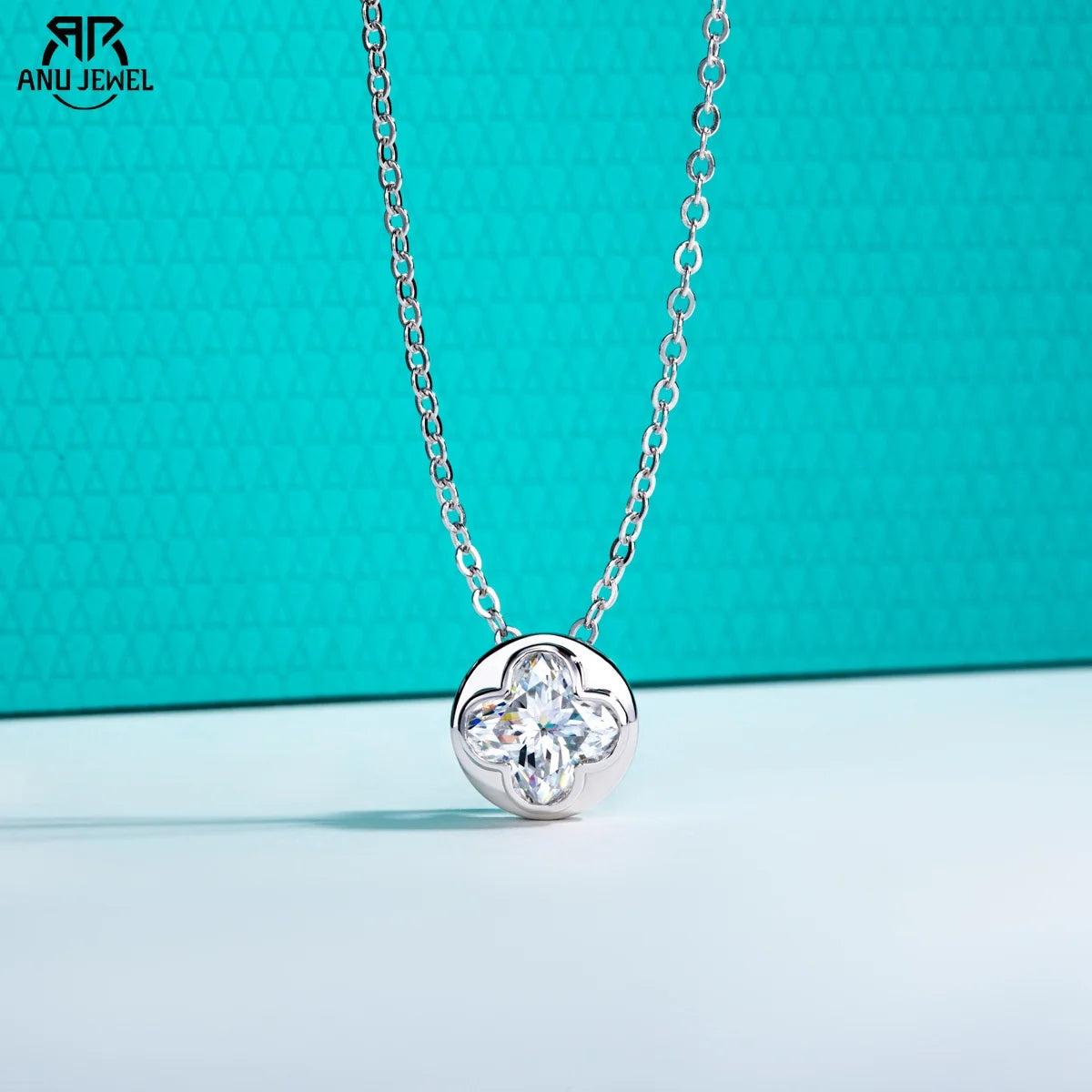 AnuJewel 2ct (7x7mm) Four-Leaf Clover Cut Moissanite Bezel Pendant Necklace 925 Sterling Silver Valentine's Day for Women Gifts