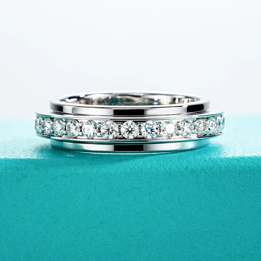 The Spin Band — moissanite spinner eternity ring, front view, 14K gold plated — Aurora Moissanite