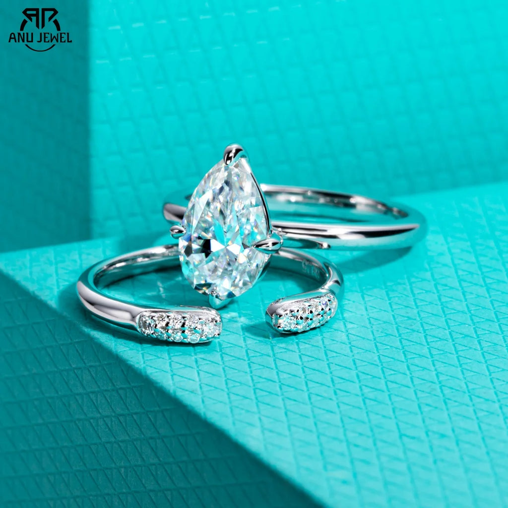 3ct pear moissanite bridal ring set with adjustable band, S925 silver — Aurora Moissanite