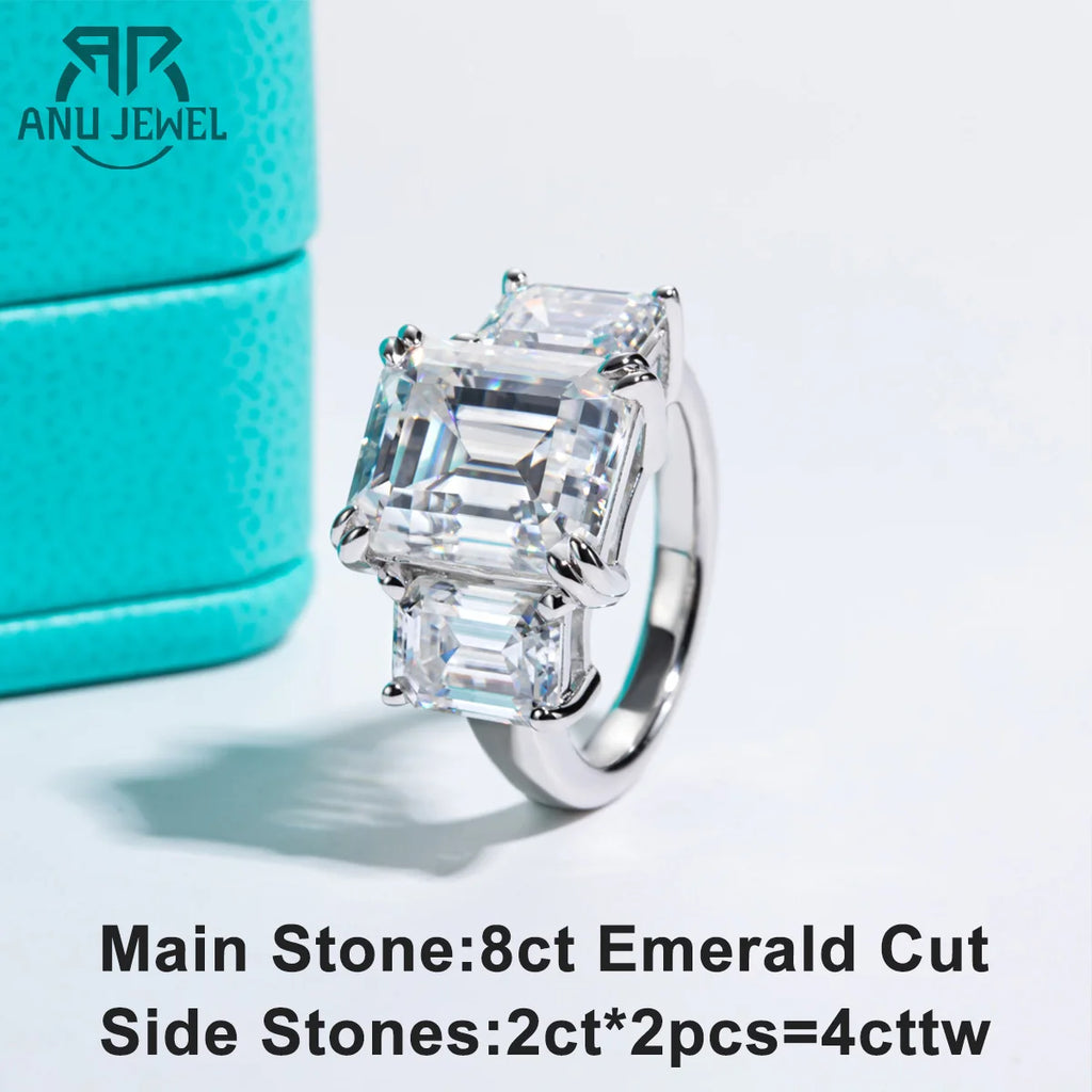 12cttw emerald moissanite 3-stone engagement ring, 18K gold plated S925 — Aurora Moissanite