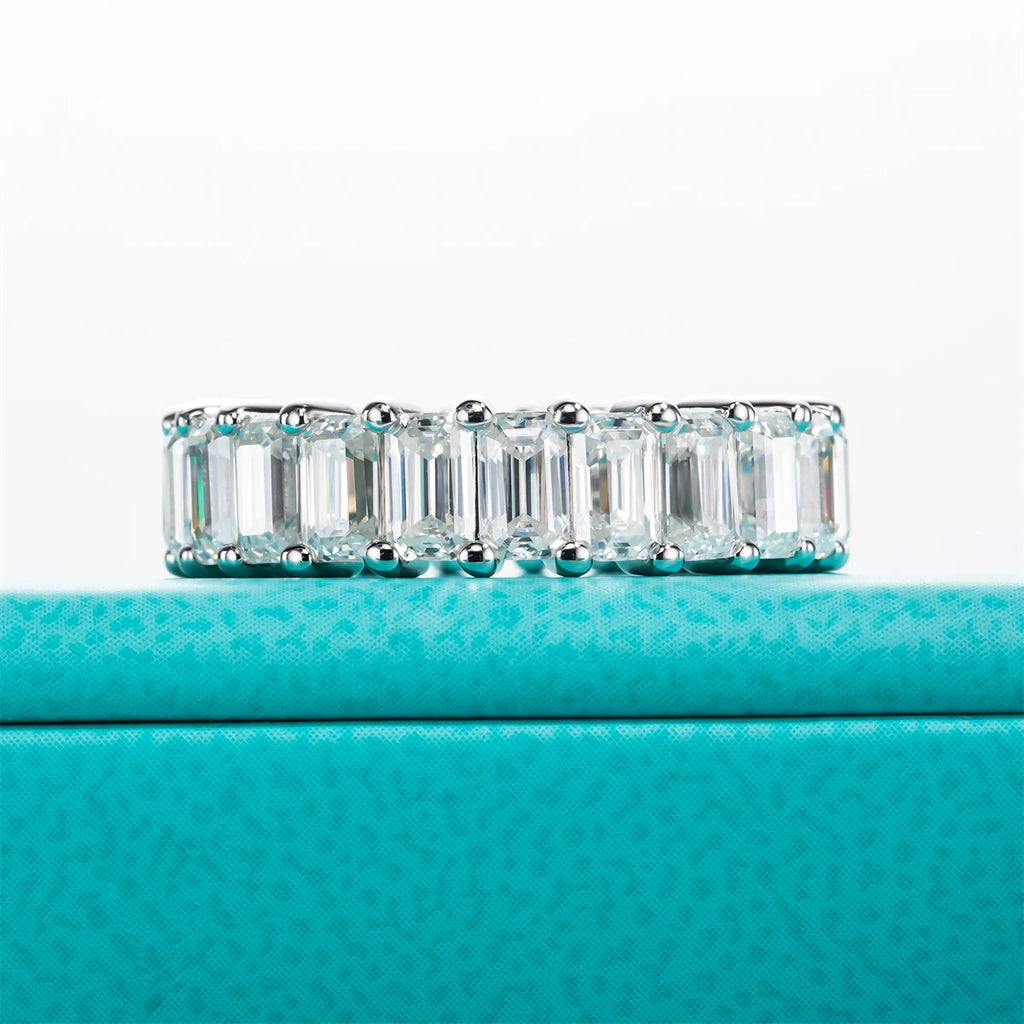 The Ember Band — emerald cut moissanite full eternity ring, front view — Aurora Moissanite