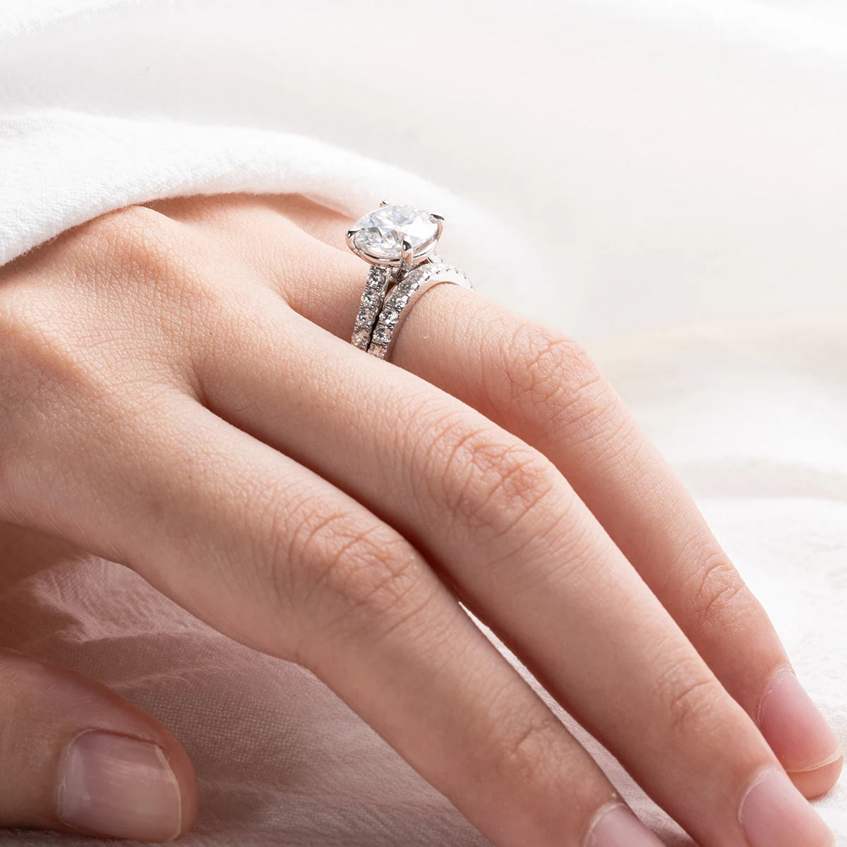 Moissanite bridal set, 2-ring and 3-ring configurations shown — Aurora Moissanite