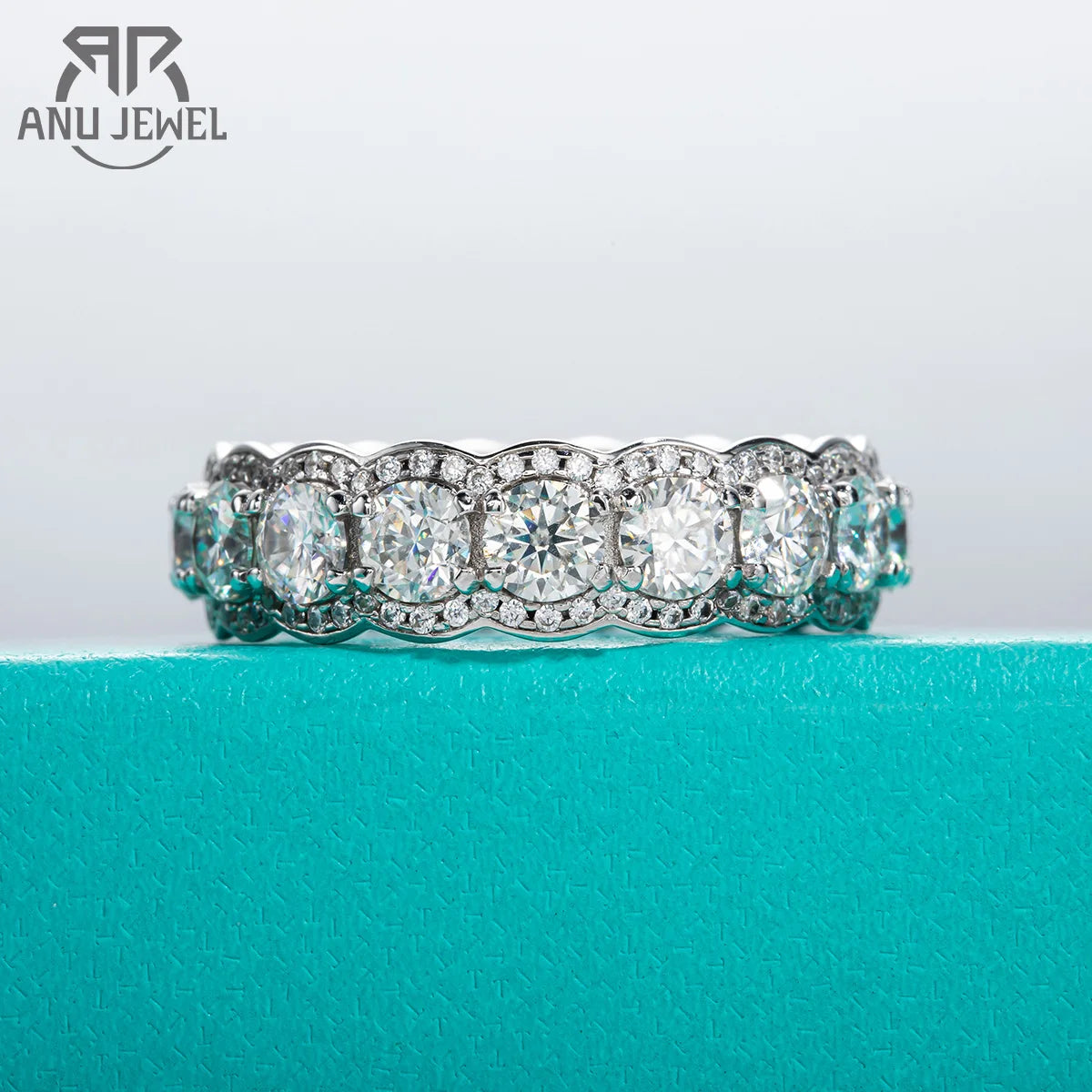 5.5cttw moissanite dense pavé wedding band, 18K white gold plated S925 — Aurora Moissanite