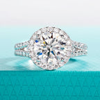 The Sena Ring — 3ct moissanite Y-shape halo ring, front view, sterling silver — Aurora Moissanite