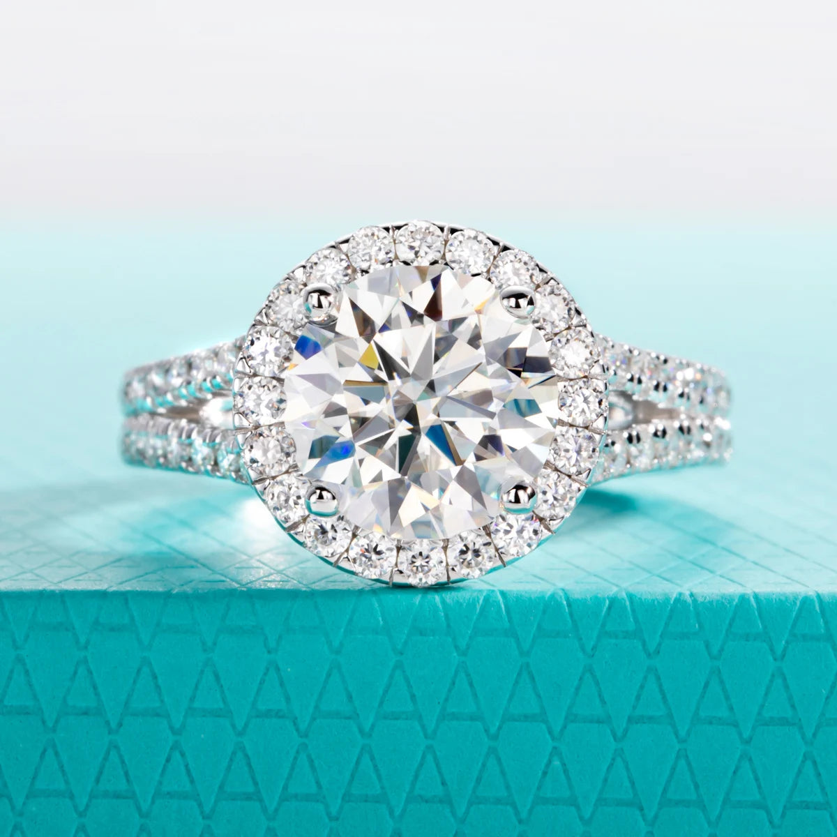 The Sena Ring — 3ct moissanite Y-shape halo ring, front view, sterling silver — Aurora Moissanite