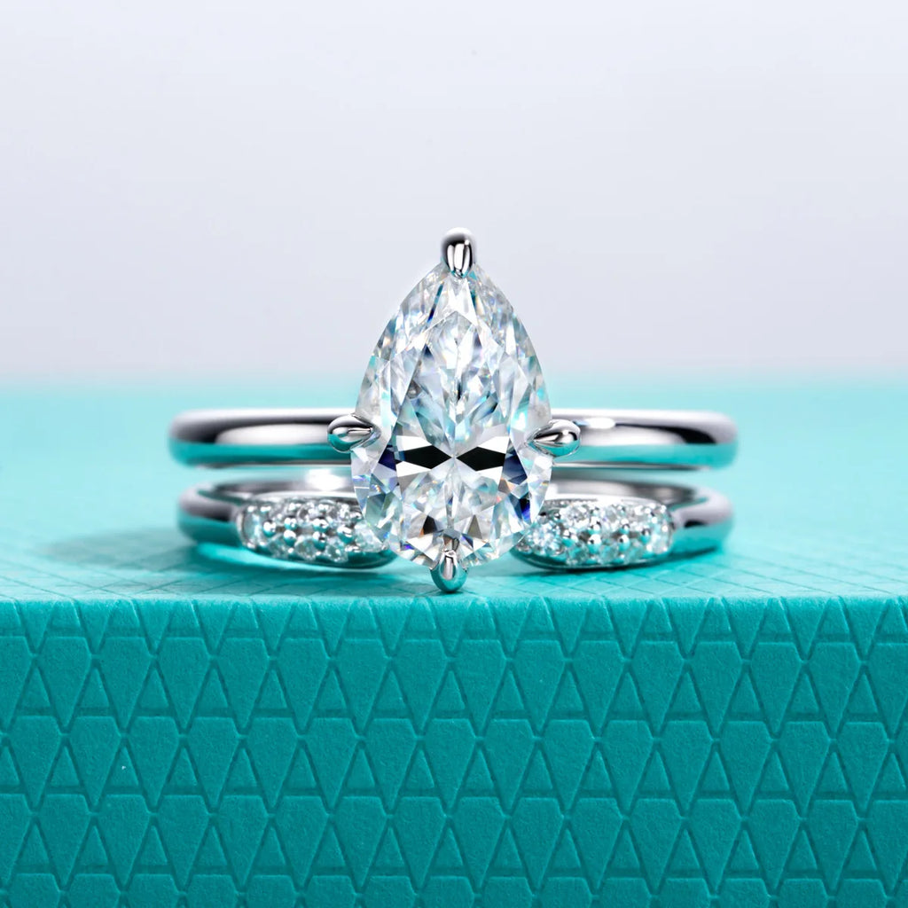 The Skye Ring — 3ct pear moissanite bridal set, front view, sterling silver — Aurora Moissanite
