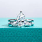 The Skye Ring — 3ct pear moissanite bridal set, front view, sterling silver — Aurora Moissanite