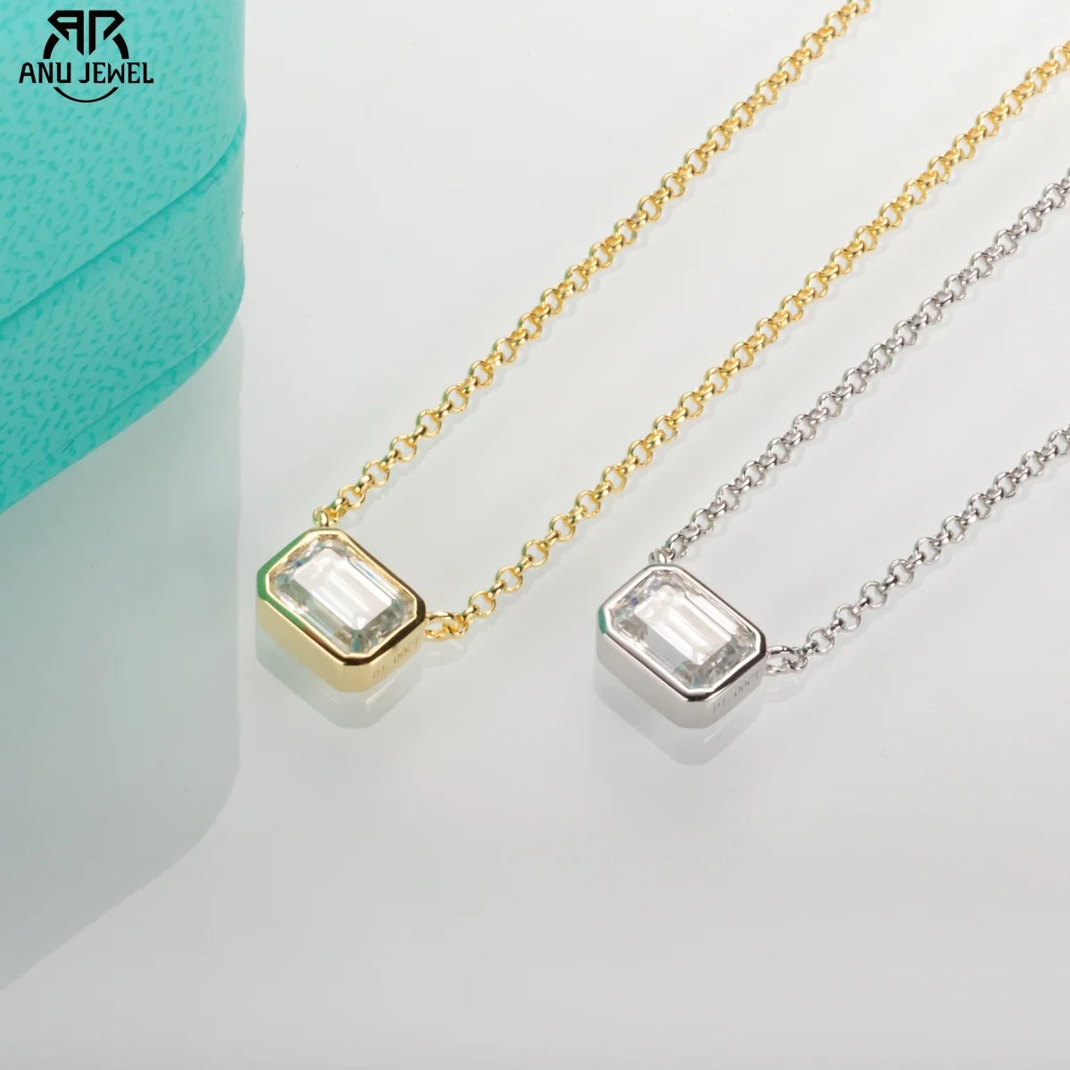 1ct emerald cut moissanite pendant necklace, S925 sterling silver, white background — Aurora Moissanite