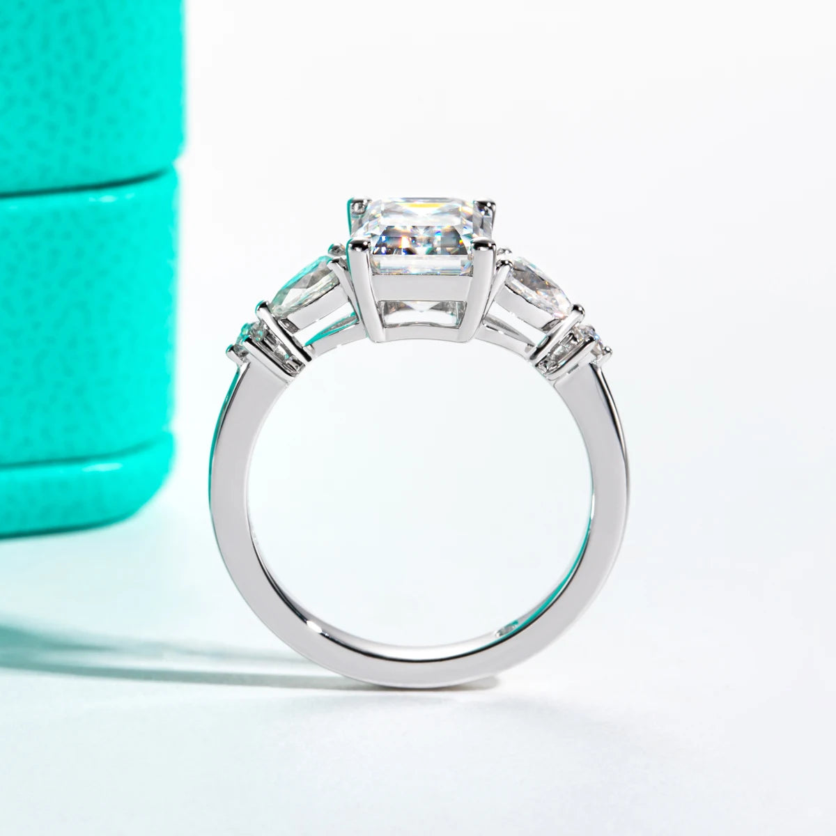 3ct emerald pear moissanite two-stone ring, side profile, 18K gold plated — Aurora Moissanite