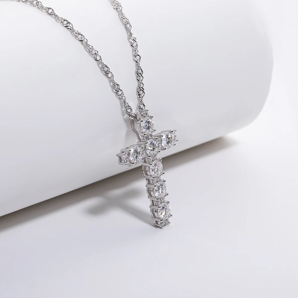 The Aurum Pendant — 2.1cttw moissanite cross necklace front view, 18K gold plated — Aurora Moissanite