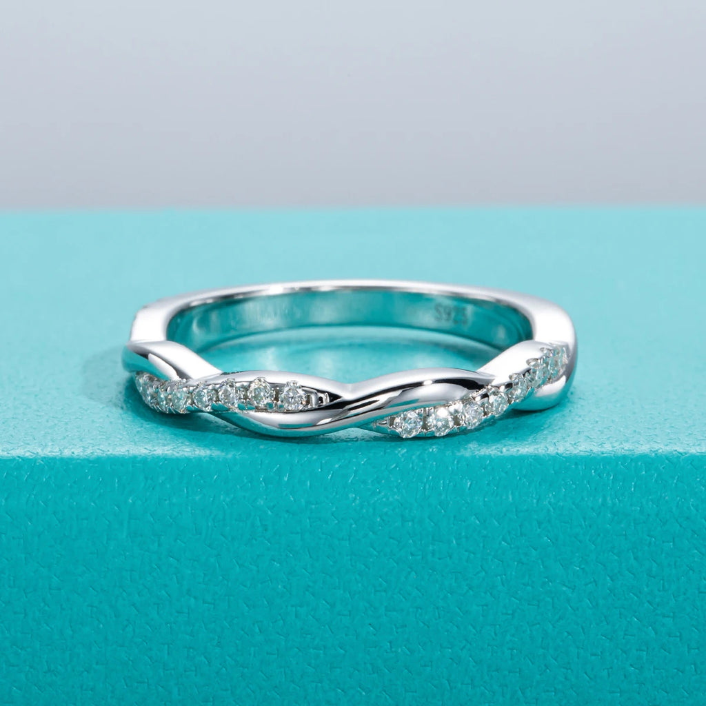 1.3mm moissanite wedding band, side profile, sterling silver — Aurora Moissanite
