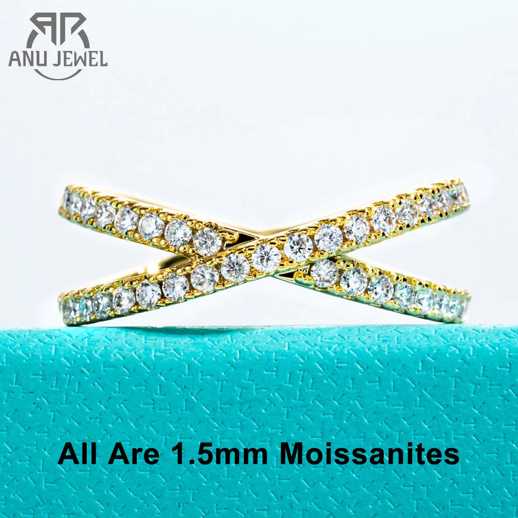 1.5mm moissanite criss-cross ring, 18K yellow gold plated S925 silver — Aurora Moissanite